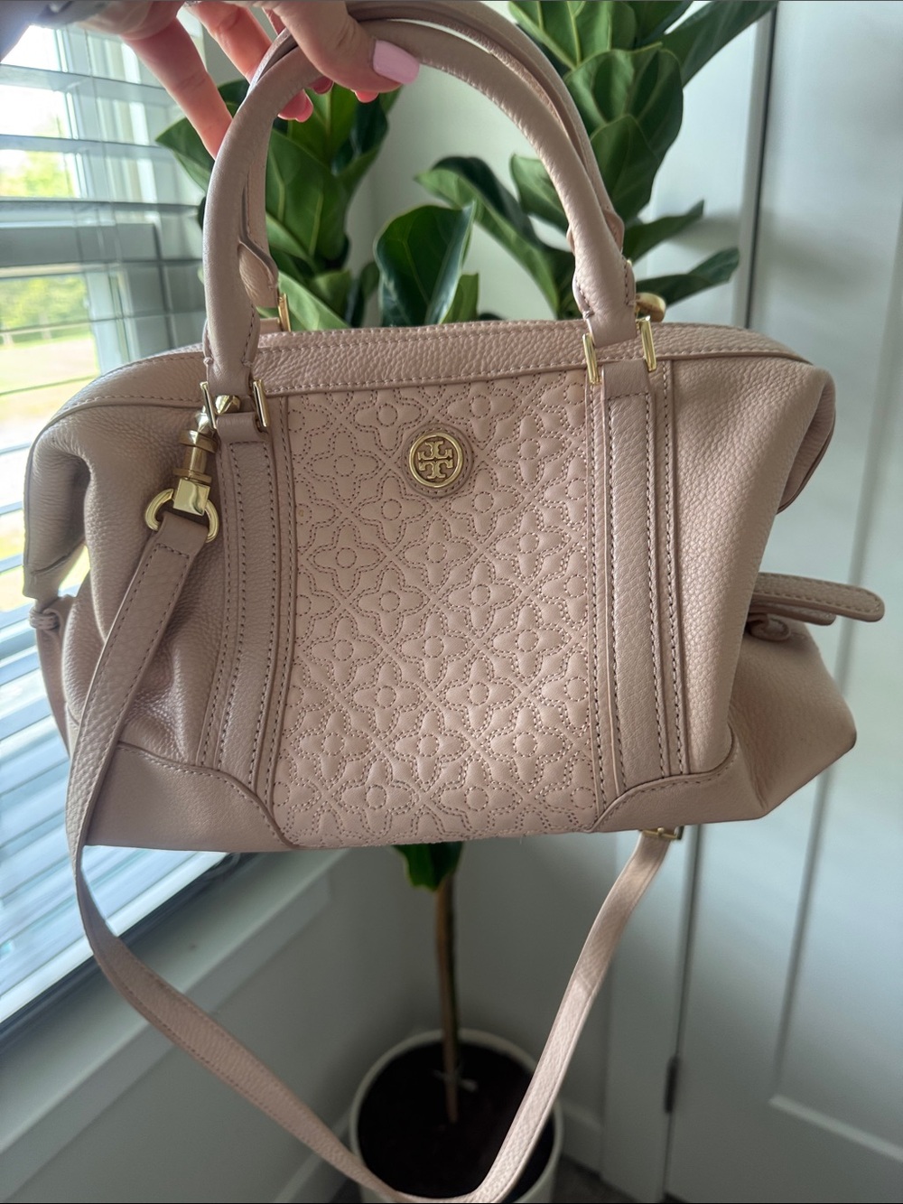 Tory Burch Pale Pink Quilted Leather Satchel with Gold Hardware